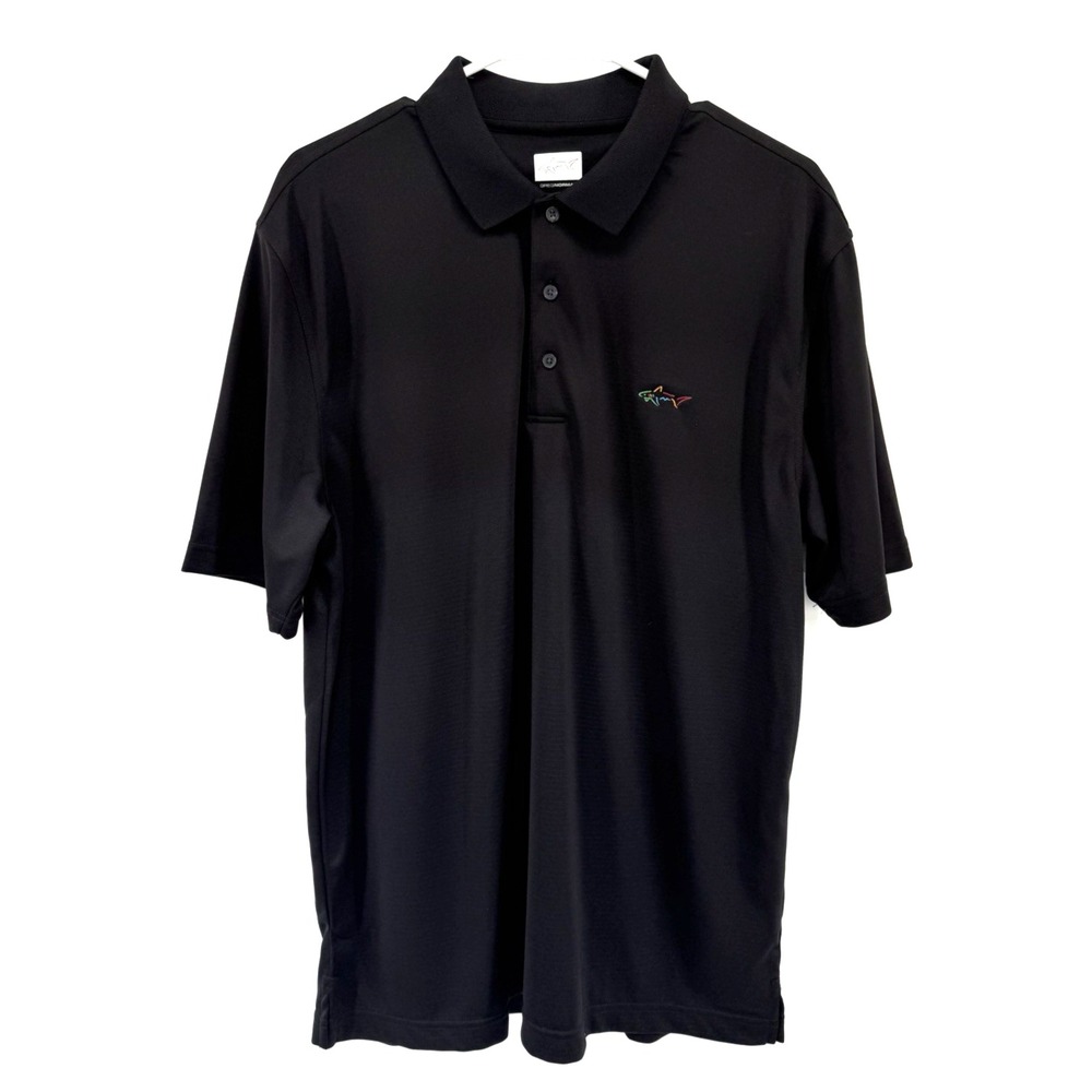 Greg Norman Golf Polo Black Shirt PlayDry Shark Logo Performance Club Men L EUC